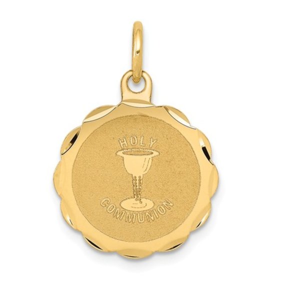 14k Yellow Gold Religious Holy Communion Round Disc Charm Pendant Scallop Edge